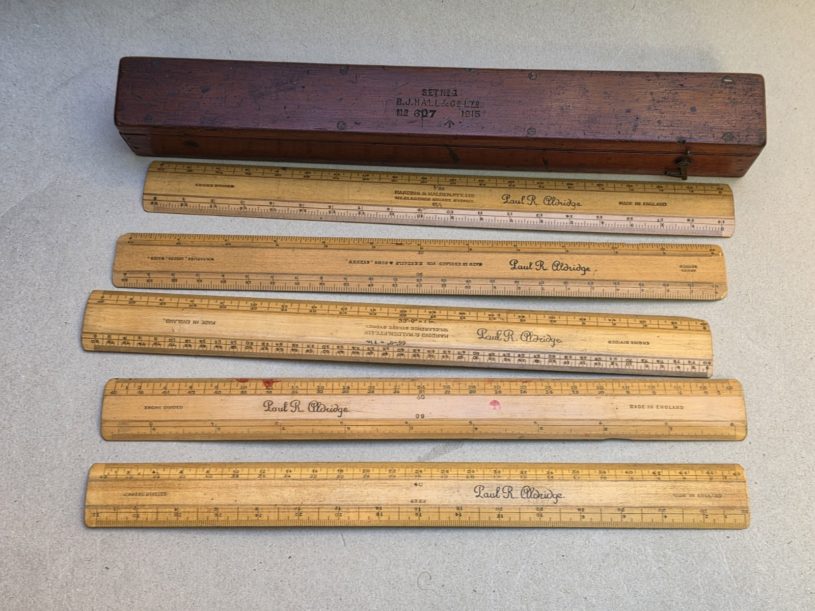 Antique Engine Divided 5 Ruler Set by Harding & Halden Sydney Cedar Case c.1915 gallery