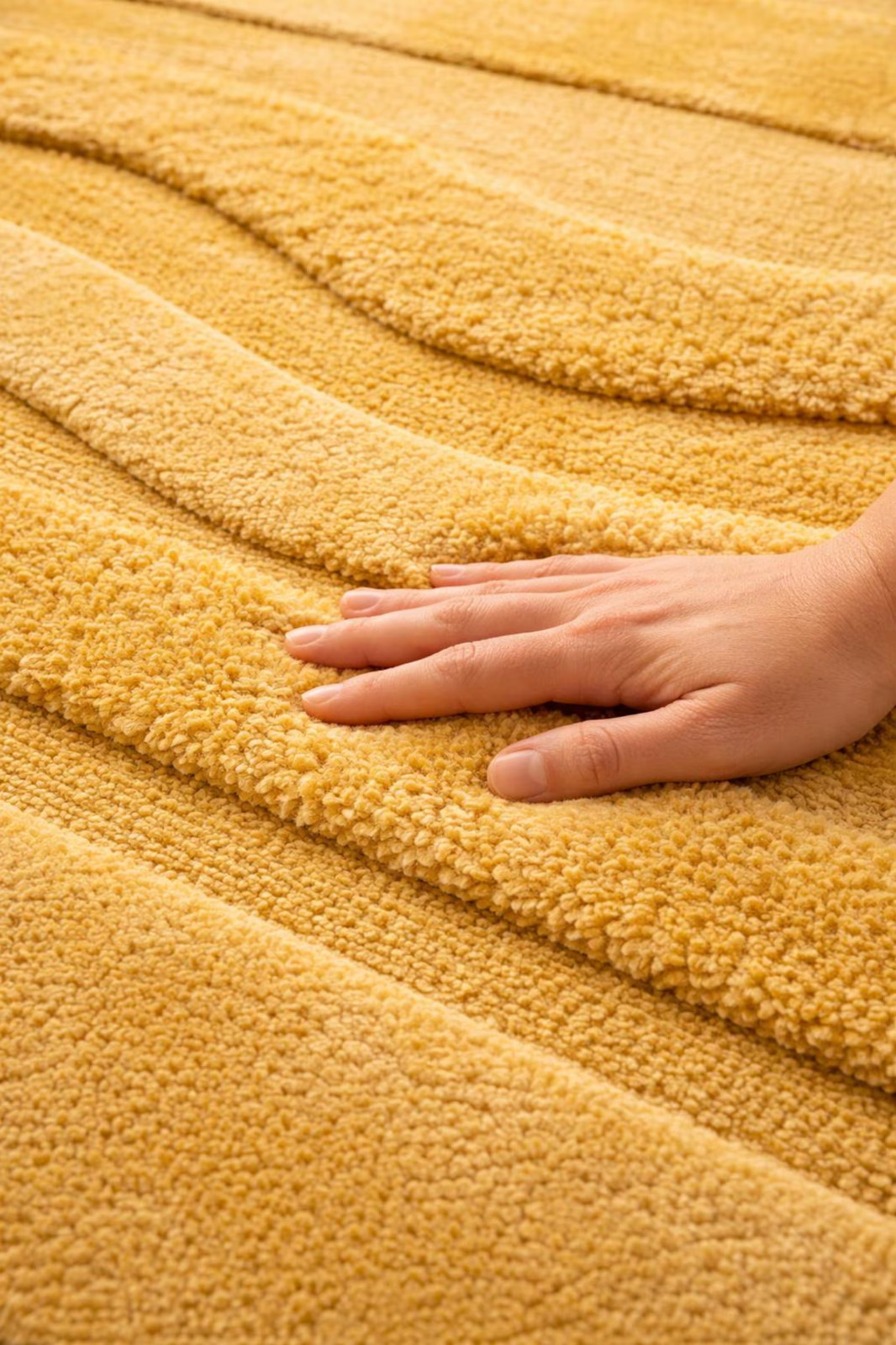 Hand Tufted Wool Area Rug, Modern Abstract Mustard Yellow High Low Pile Rug 8x10 gallery