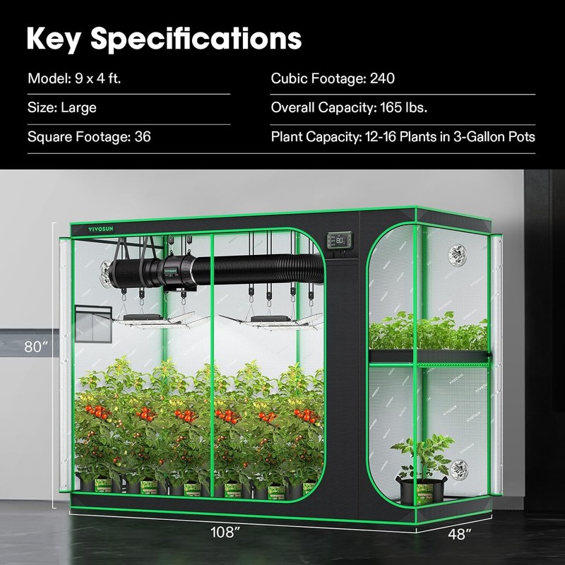 2-in-1 9x4FT Complete Grow Tent Kit,VS4000 LED Grow Light,8" 740CFM Inline Fan gallery