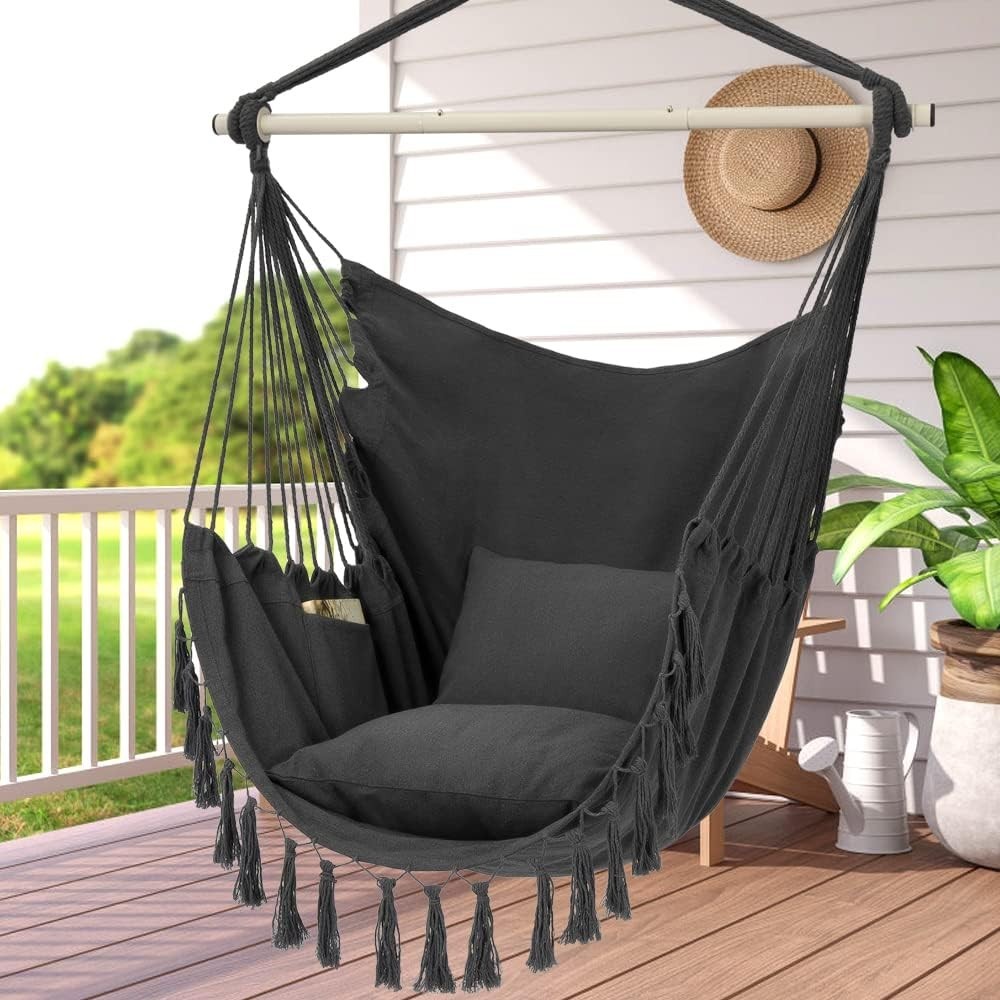 Y-Stop Hammock Chair Hanging Rope Swing Macrame Hanging Chair w/ Pocket DarkGrey gallery