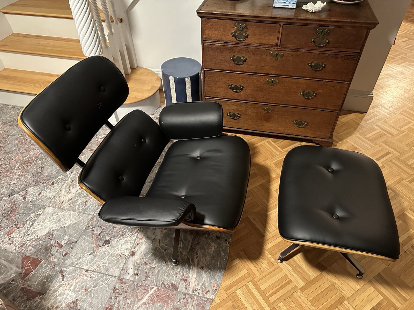 Mid Century Eames Style Lounge Chair & Ottoman Black Vegan Leather — New In Box gallery