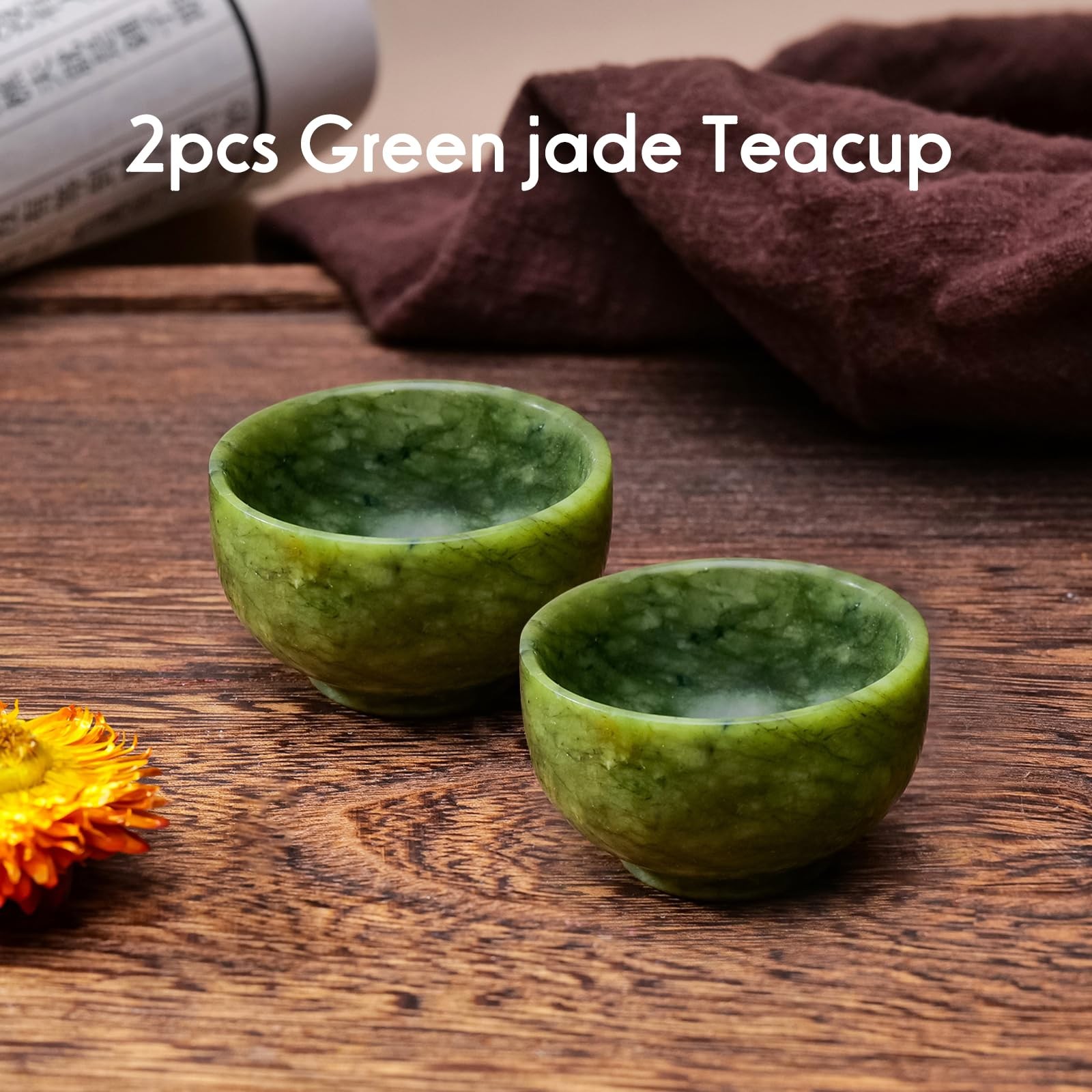 2 PCS Natural Green Jade Tea Cup Set Healing Crystal Hand Carved Bowl Gift gallery