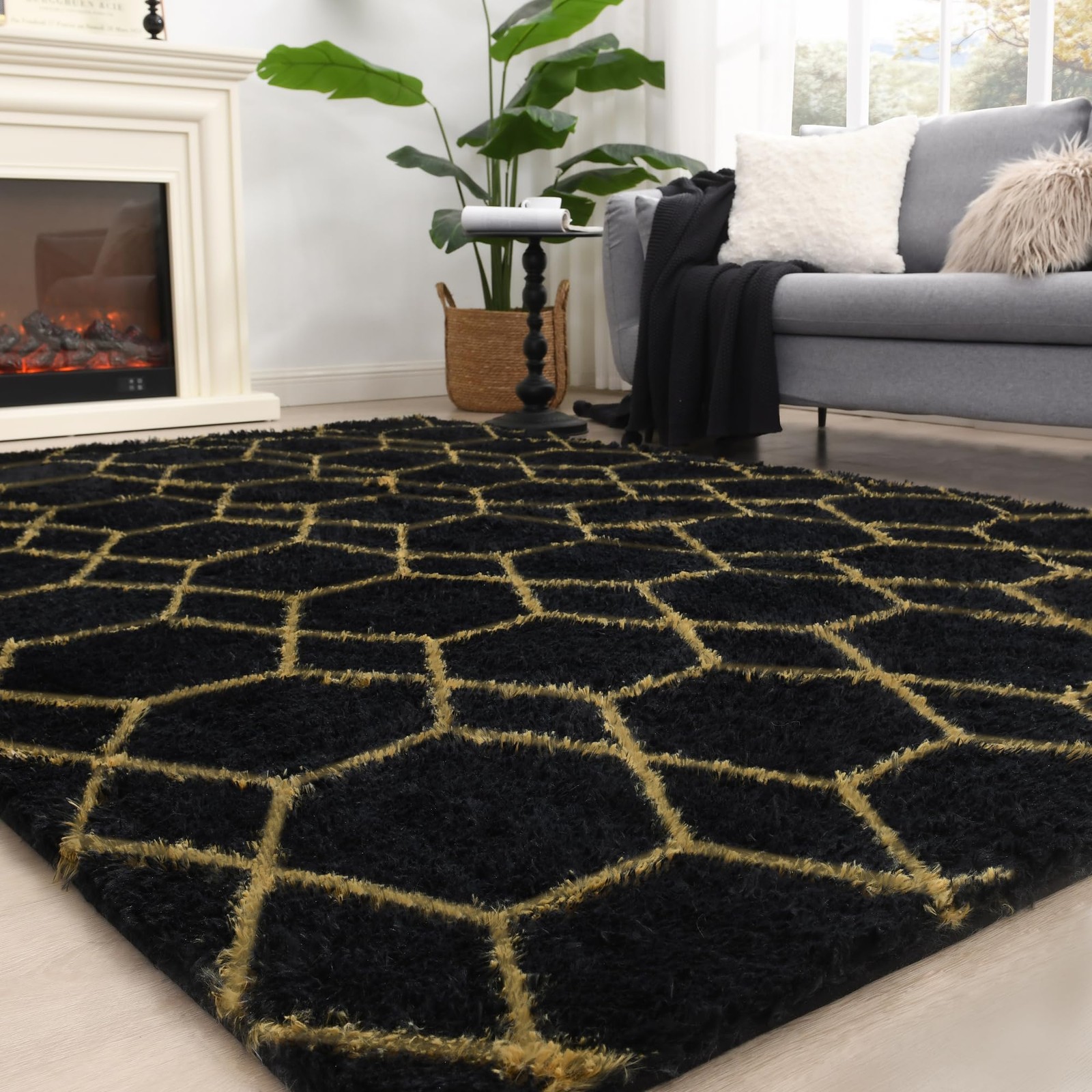 5x7 Area Rug for Living Room, Black Fluffy Rug for Bedroom, Geometric Shag So... gallery