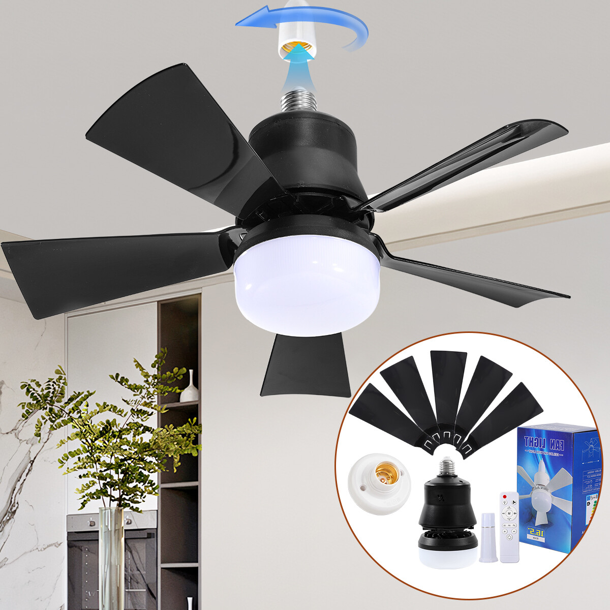 2 In 1 E27 Ceiling Socket Fan 30W with Dimmable LED Light Remote Control 3 Speed gallery