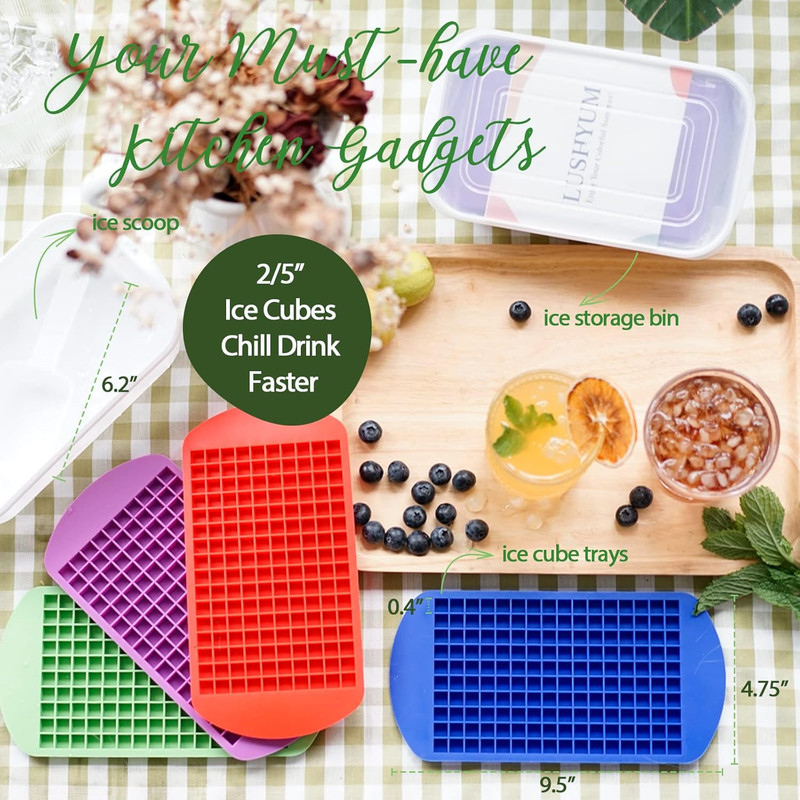 Mini Ice Cube Trays for Freezer with Bin and Scoop, 4 Pack 640 Small Nugget Ice gallery