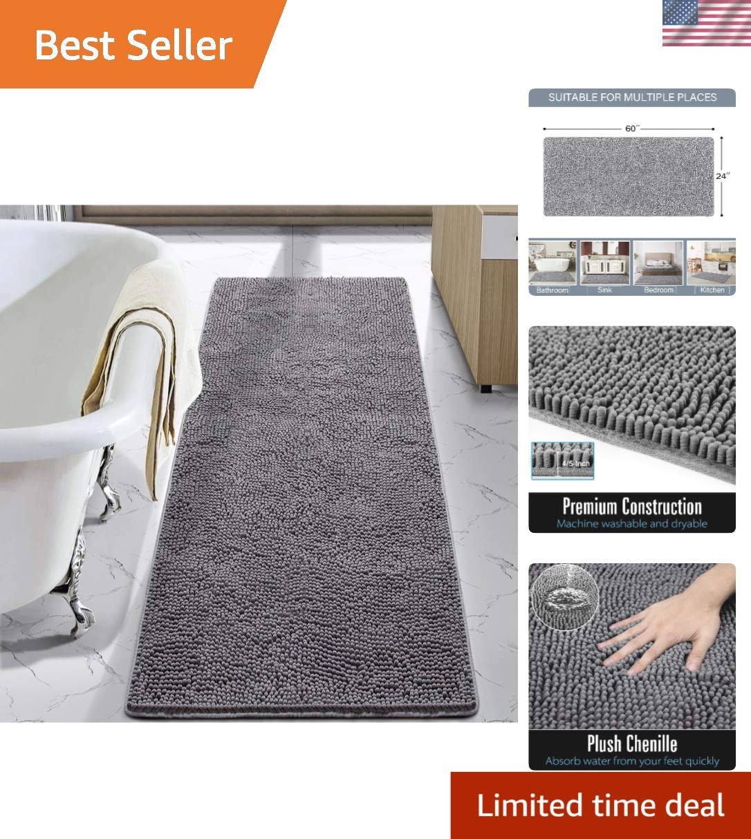 Elegant Gray Non-Slip Bath Mat 24''x60'' - Soft, Quick-Dry & Fluffy Comfort gallery