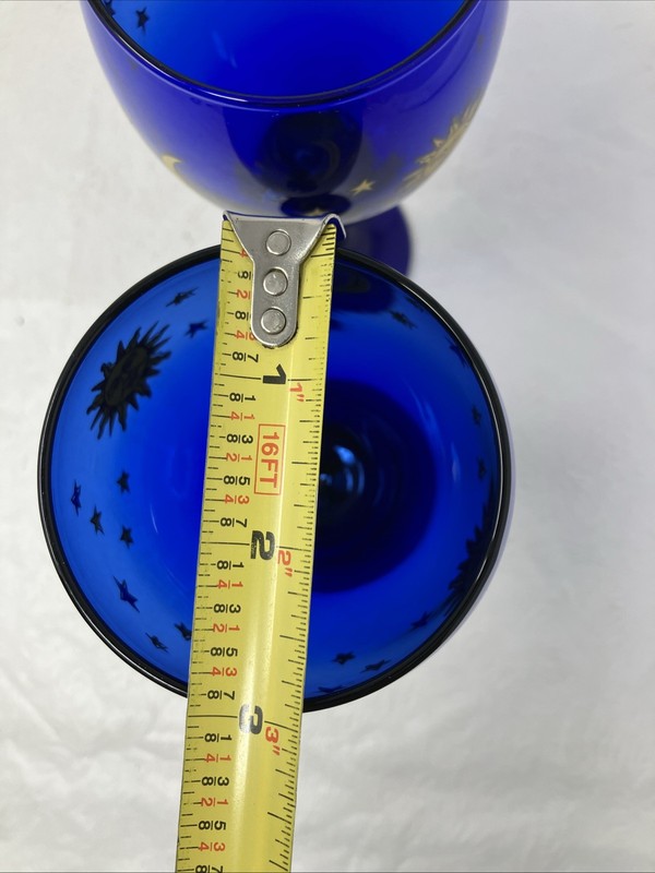 2 Libbey Cobalt Blue Celestial Sun Moon Stars Wine Water Glass Goblet Glass 7.5” gallery