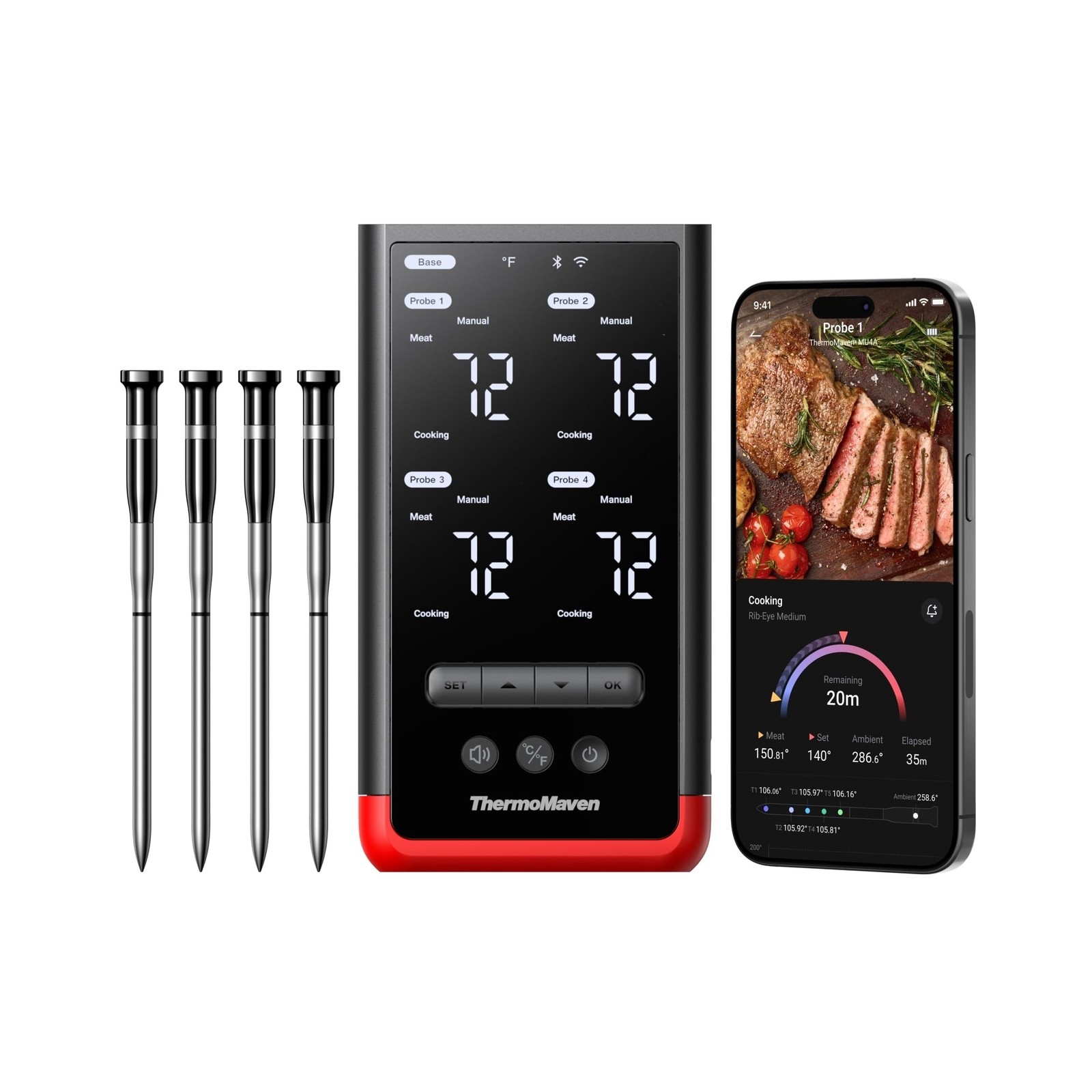 THERMOMAVEN P4 Wireless Thermometer WT06 - 4 Probe Set Standalone Base & WiFi gallery