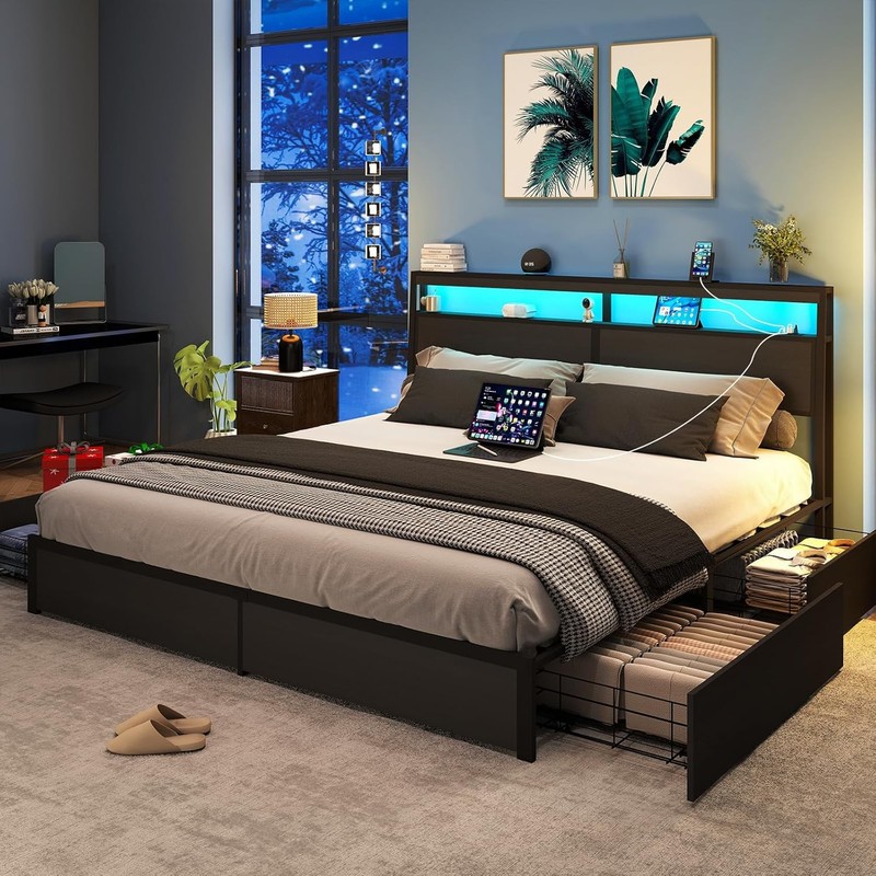 Queen Size LED Bed Frame with Storage Headboard and 4 Drawers Charging Station gallery