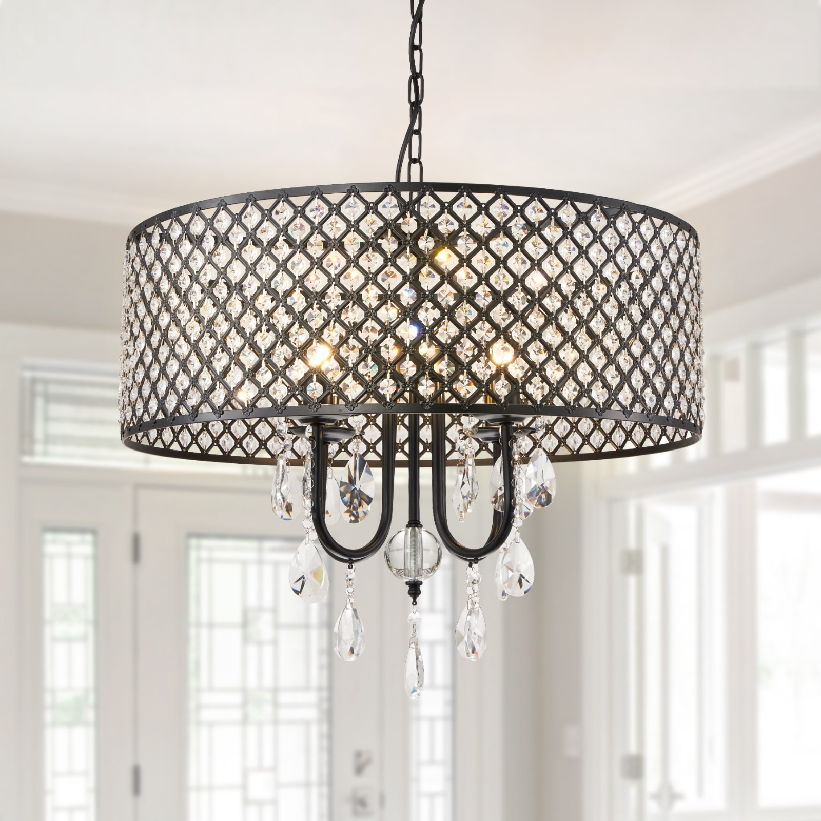 Rain Drop Crystal Chandelier Round 24" Ceiling Light Dining Room Pendant Fixture gallery
