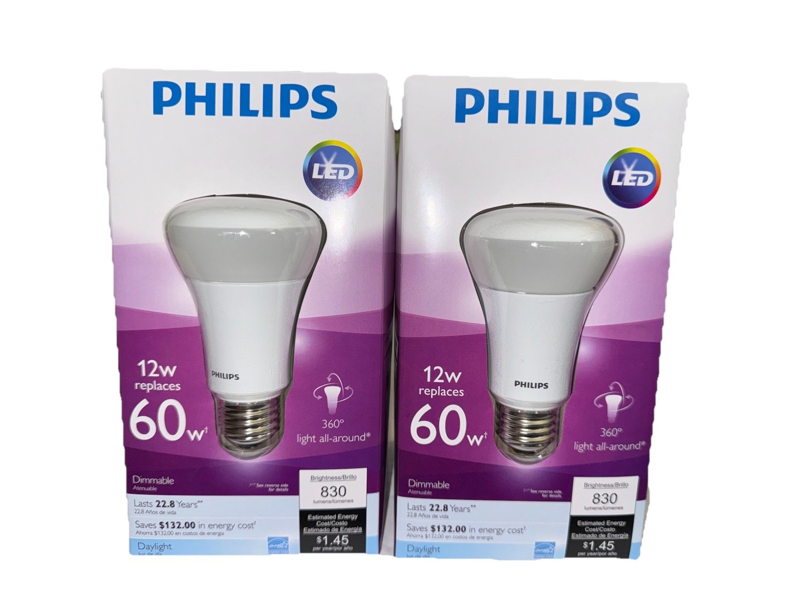 TWO (2) Philips LED 12W Replaces 60W Dimmable 830 Lumens Energy Saving gallery