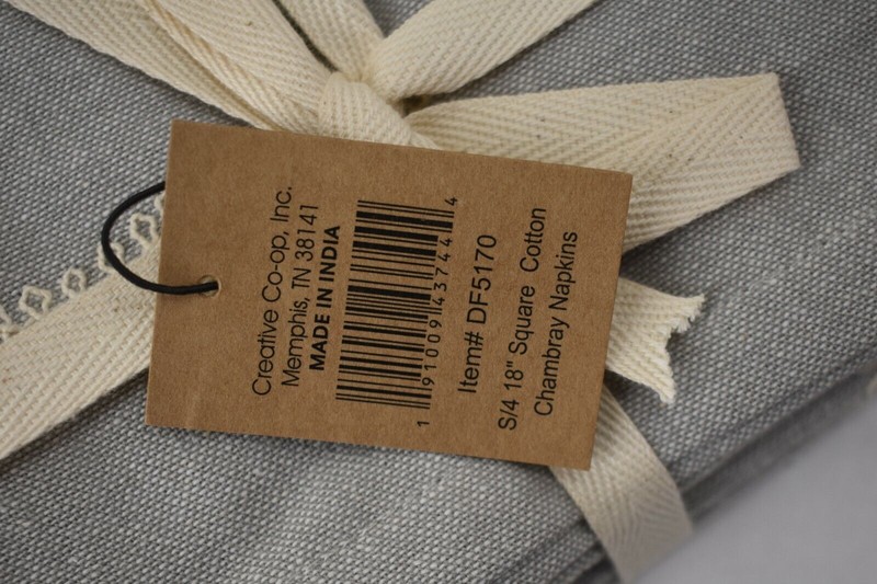 Creative Co-Op Blue Chambray Embroidered Napkins with Tassels 4 Count 18" x 18" gallery