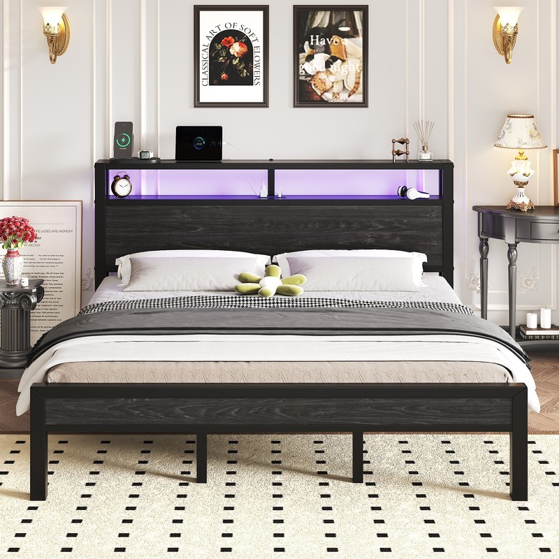 Twin/Full Size LED Light Bed Frame with 2-Tier Storage Headboard and Charging. gallery