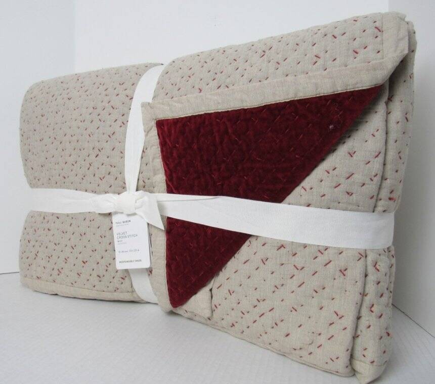Pottery Barn Cross Stitch Velvet Quilt, Full Queen 92" x 88" Ruby NWT gallery