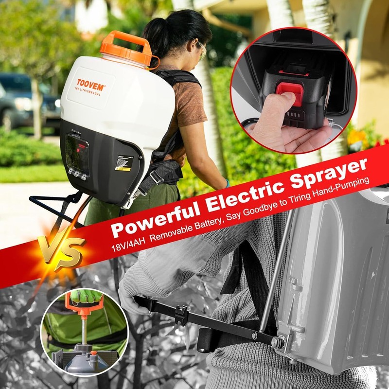 Toovem Powered Backpack Sprayer 4 Gallon w/ 18V Strong Battery - 4 Spray Nozzles gallery