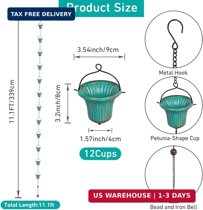 11ft Rain Chains for Outside, 12 Cups Rain Catcher Chain Replacement Downspout f gallery