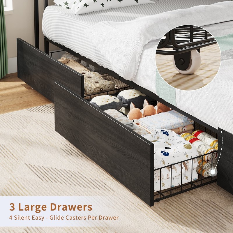 Twin Corner Bed Frame with LED Headboard, Charging Station, Storage Drawers, Bla gallery