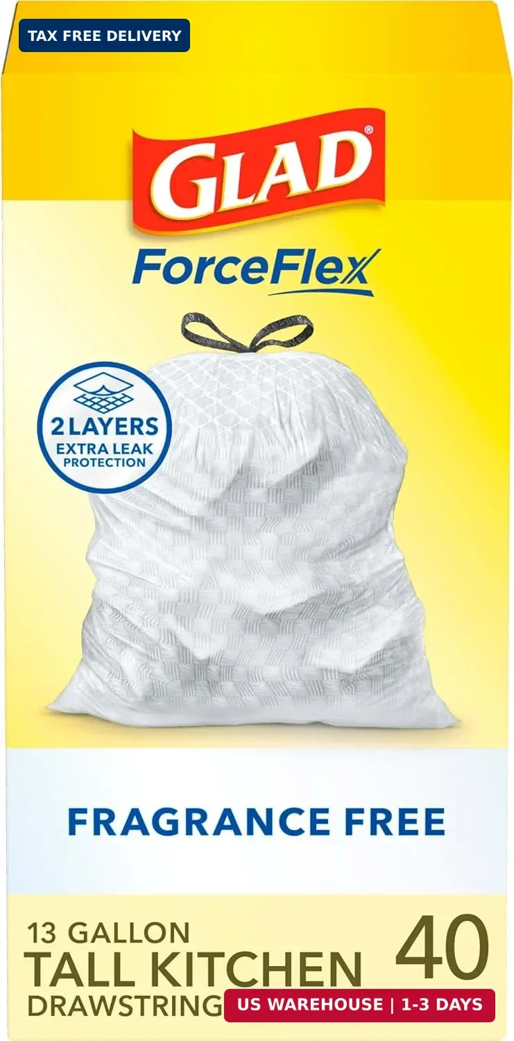 Glad ForceFlex Tall Kitchen Drawstring Trash Bags, 13 Gal, Fragrance Free, 40 Ct gallery