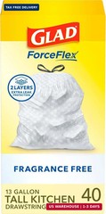 Glad ForceFlex Tall Kitchen Drawstring Trash Bags, 13 Gal, Fragrance Free, 40 Ct
