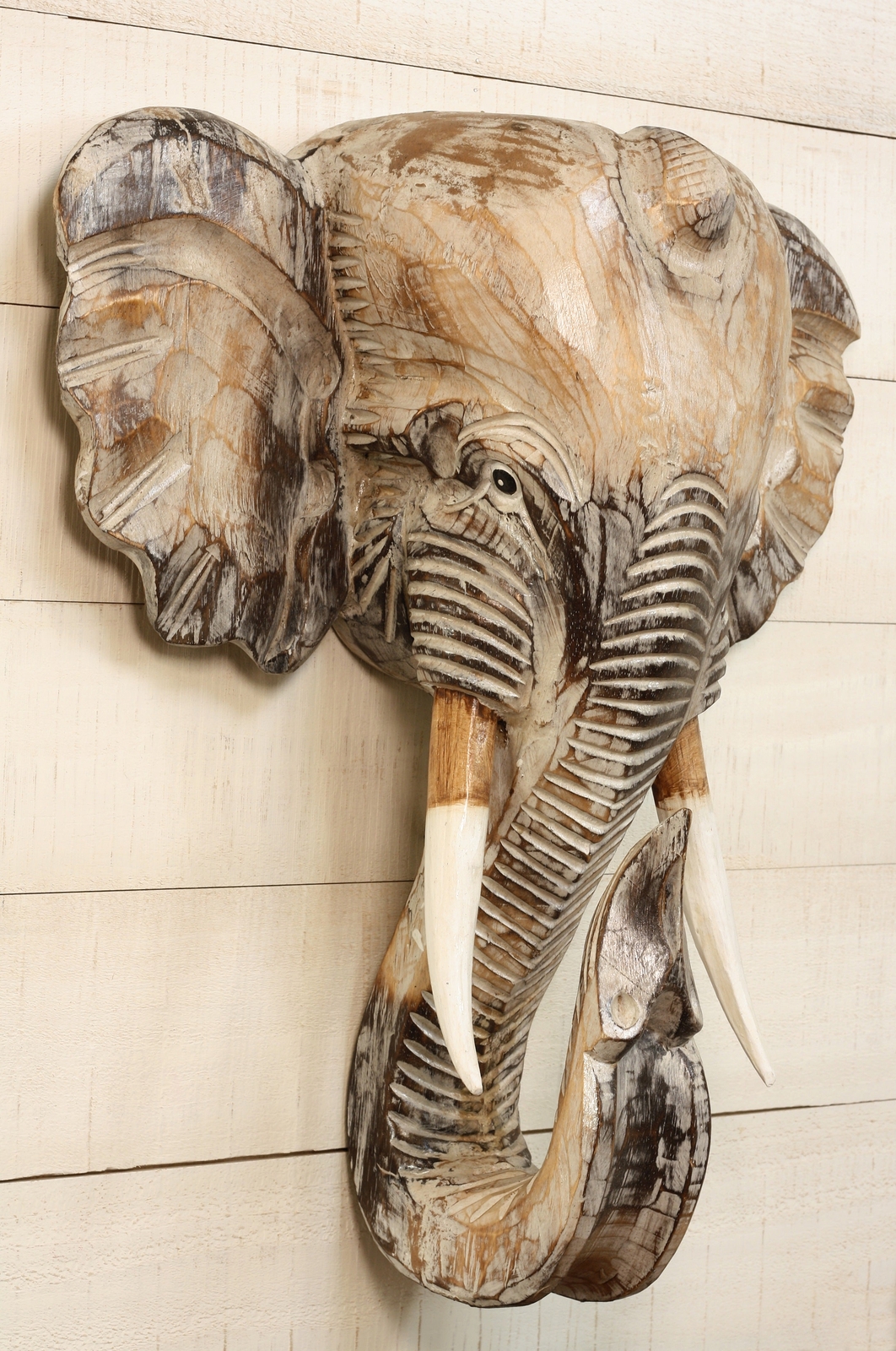 Wooden Whitewashed Hand Carved Elephant Wall Bust Sculpture Hanging Decor Statue gallery