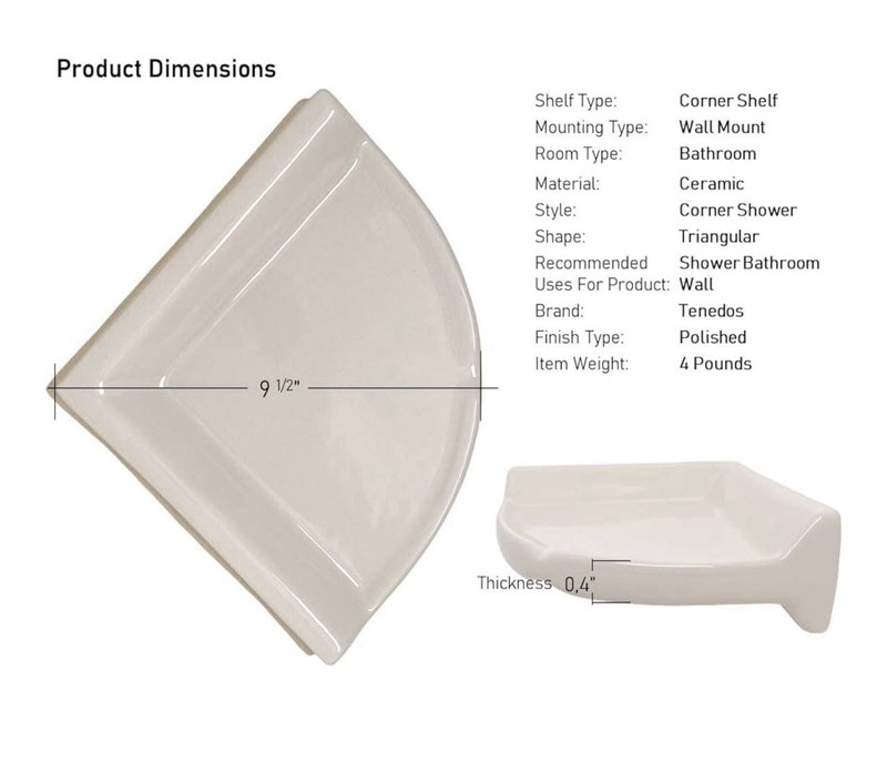 2 Pack Tenedos Bone Almond Glazed Ceramic Shower Corner Shelf Large Size gallery
