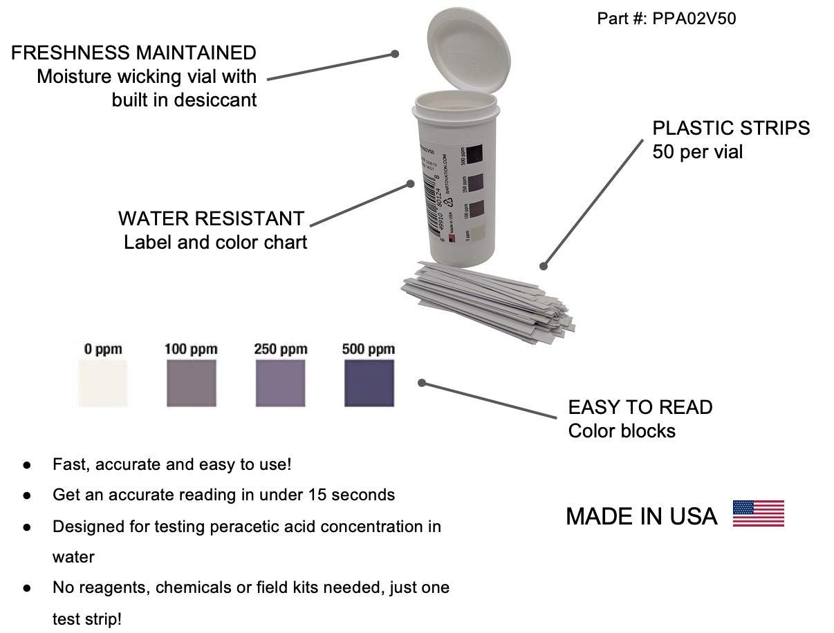 Peracetic Acid Test Strips, High Level, 0-1000 ppm [Vial of 50 Strips] gallery