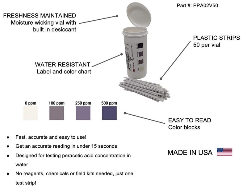 Peracetic Acid Test Strips, High Level, 0-1000 ppm [Vial of 50 Strips] gallery