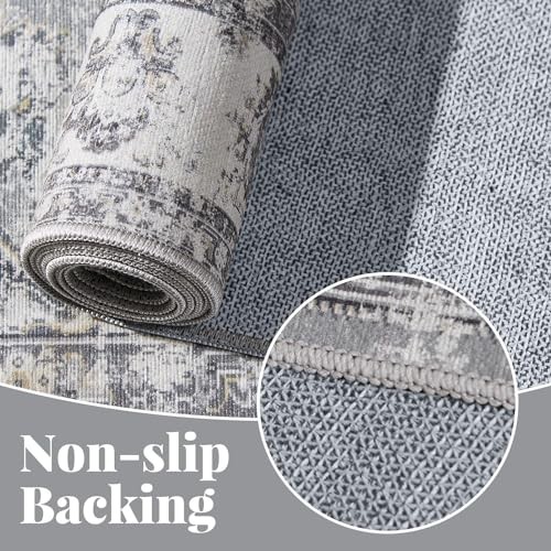 Fiora Hallway Runner Rug 3x7 Machine Washable Runner Rug Grey Vintage Floral gallery