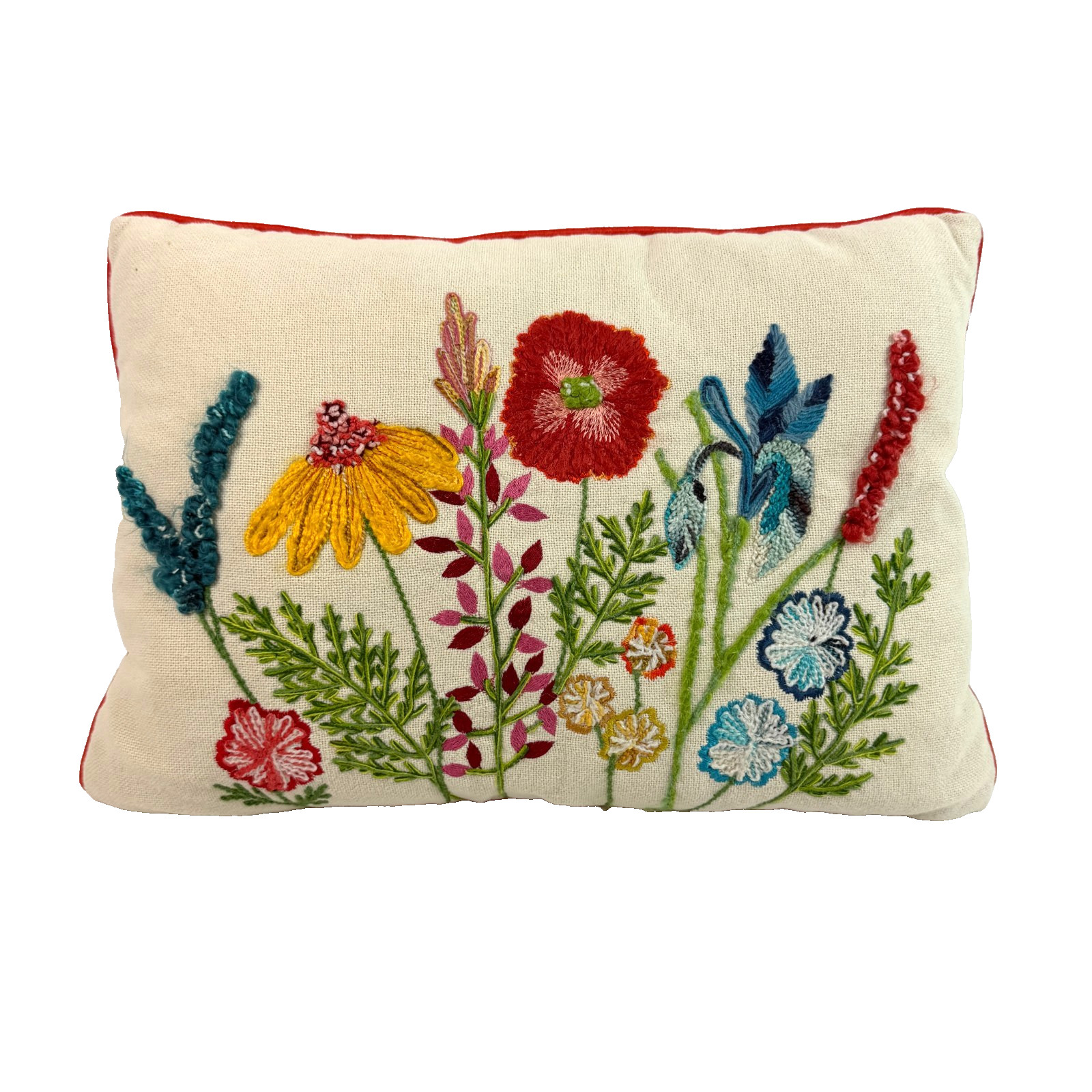 Pier 1 Embroidered Floral Lumbar Throw Pillow Botanical Cream Red Piping 19 x 13 gallery