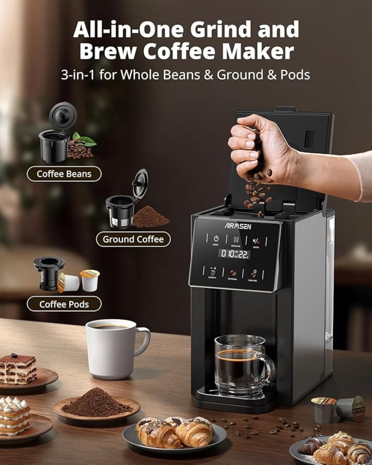 AIRMSEN CGM511 Grind & Brew Coffee Maker with Built-in Grinder, Black gallery