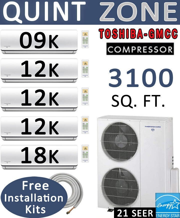 21 SEER Ductless Mini Split Air Conditioner Heat Pump, 9000 + 12000 x3 + 18000 gallery