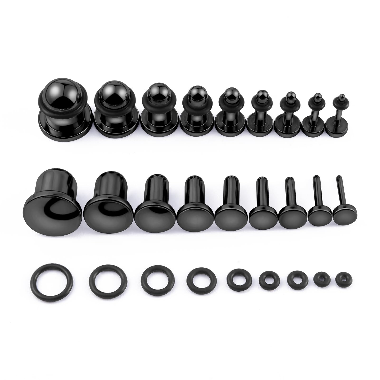 Longbeauty 18PCS 14G-00G Ear Stretching Kit Single Flat 0g(8mm), Black,Round gallery