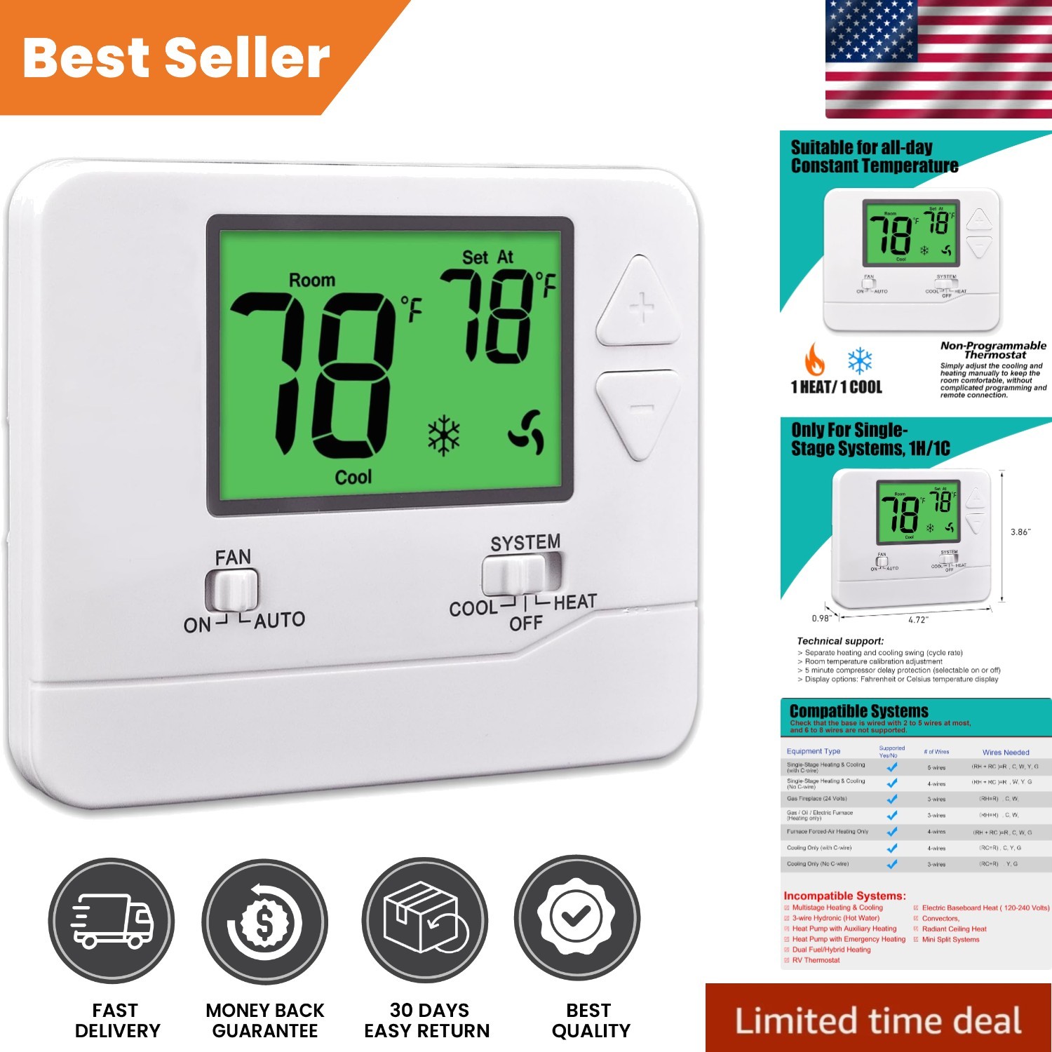 Reliable Non-Programmable Thermostat for 1 Heat/1 Cool Systems - Easy to Install gallery