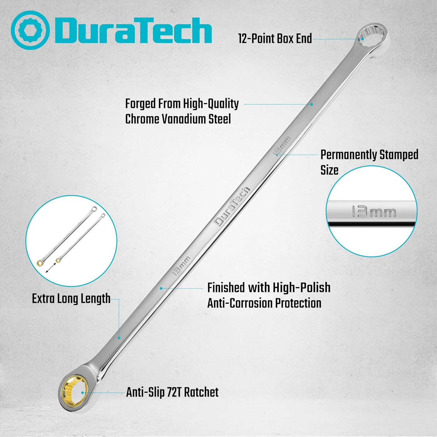 13Mm Extra Long Anti-Slip Ratcheting Wrench, Double Box End Wrench, 12-Point, Me gallery