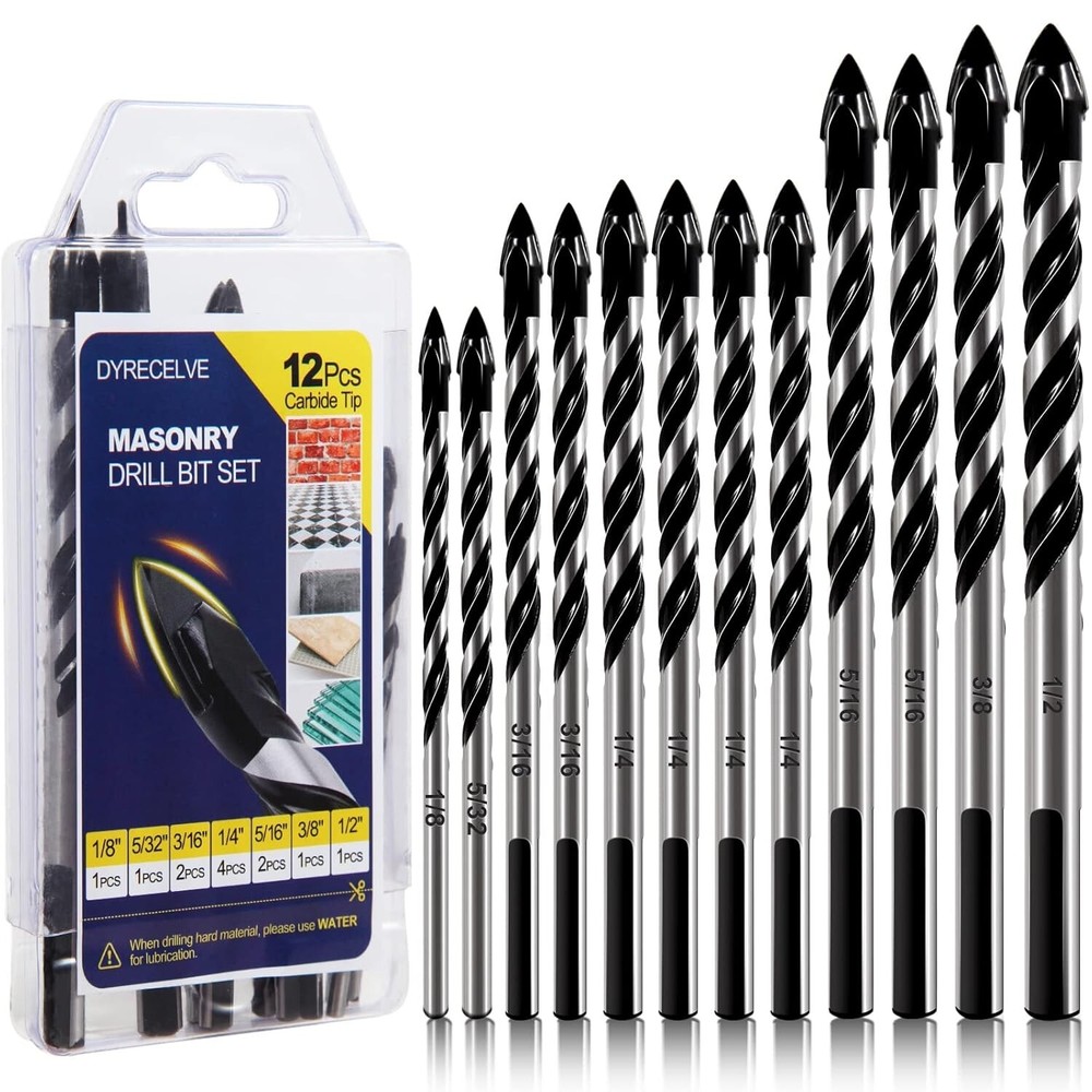 5 Pc or 12 Pc Masonry Drill Bit Set 1/8 to 1/2 inch Glass Tile Brick Cement Wood