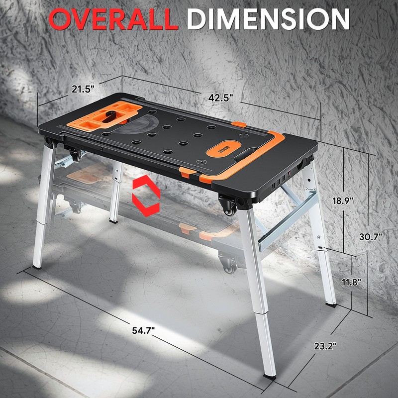 7-In-1 Multifunctioanl Adjustable Foldable 220LB Work Bench w/ 4 Wheels Orange gallery
