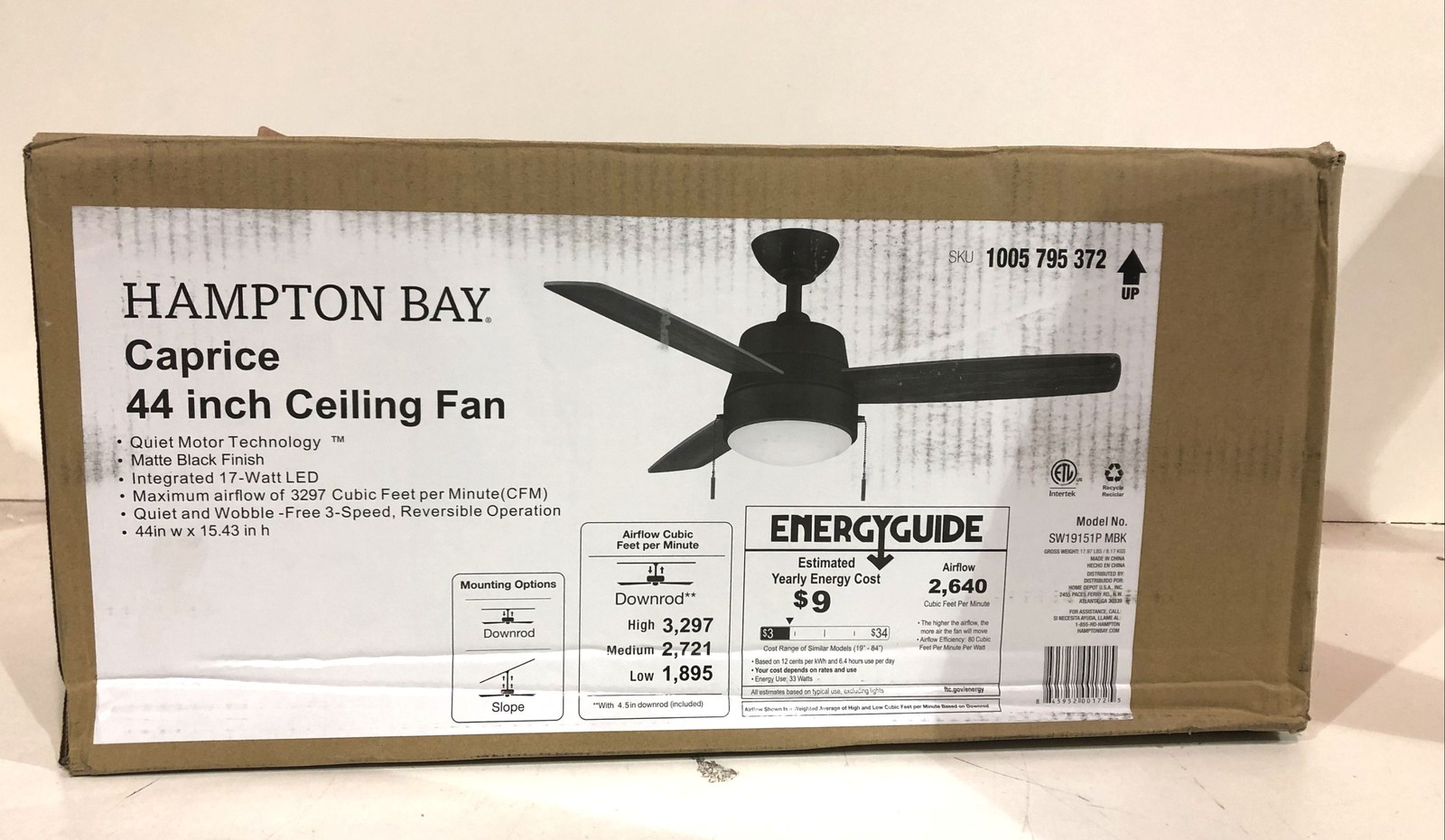 Hampton Bay Caprice 44 in LED Indoor Matte Black Ceiling Fan ANTIQUE WOOD BLADES gallery
