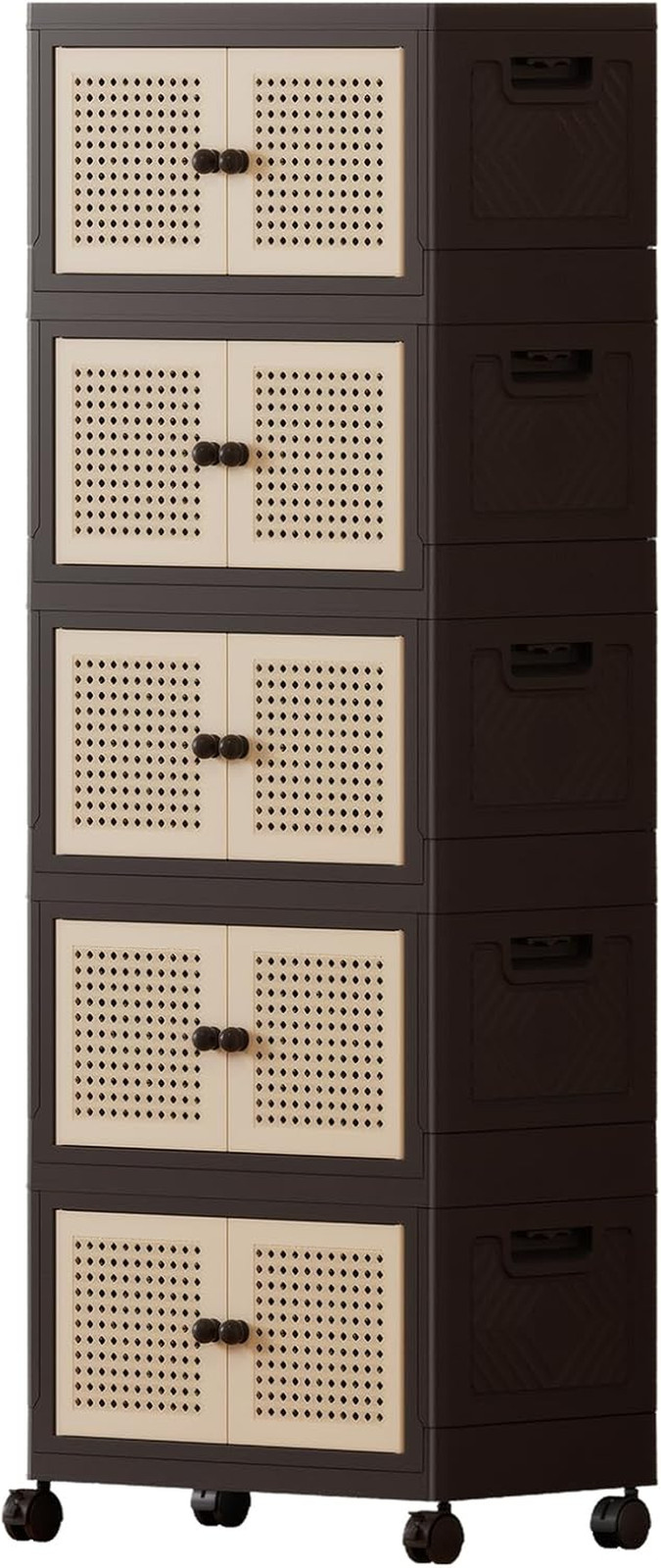 Foldable Plastic Storage Cabinet with Wheels, Rattan-Style Doors, Stackable Orga gallery