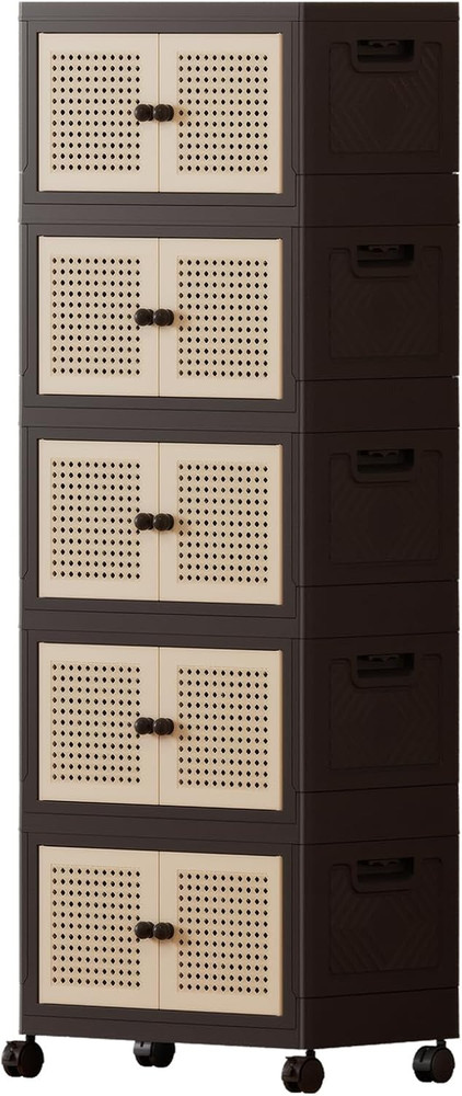 Foldable Plastic Storage Cabinet with Wheels, Rattan-Style Doors, Stackable Orga