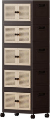 Foldable Plastic Storage Cabinet with Wheels, Rattan-Style Doors, Stackable Orga