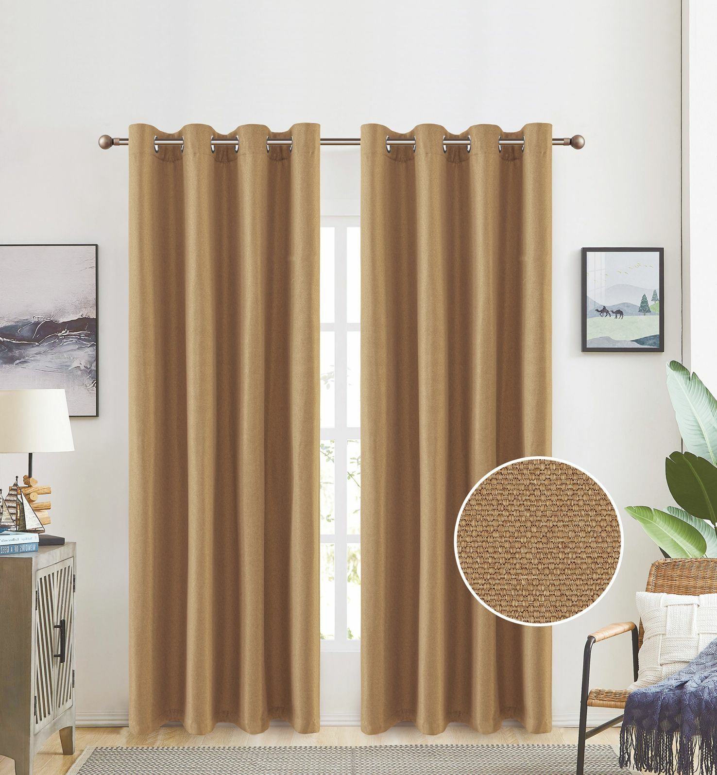Heavy Linen Textured Casual Weave Plain Grommet Top Window Curtains Panel, 81052 gallery