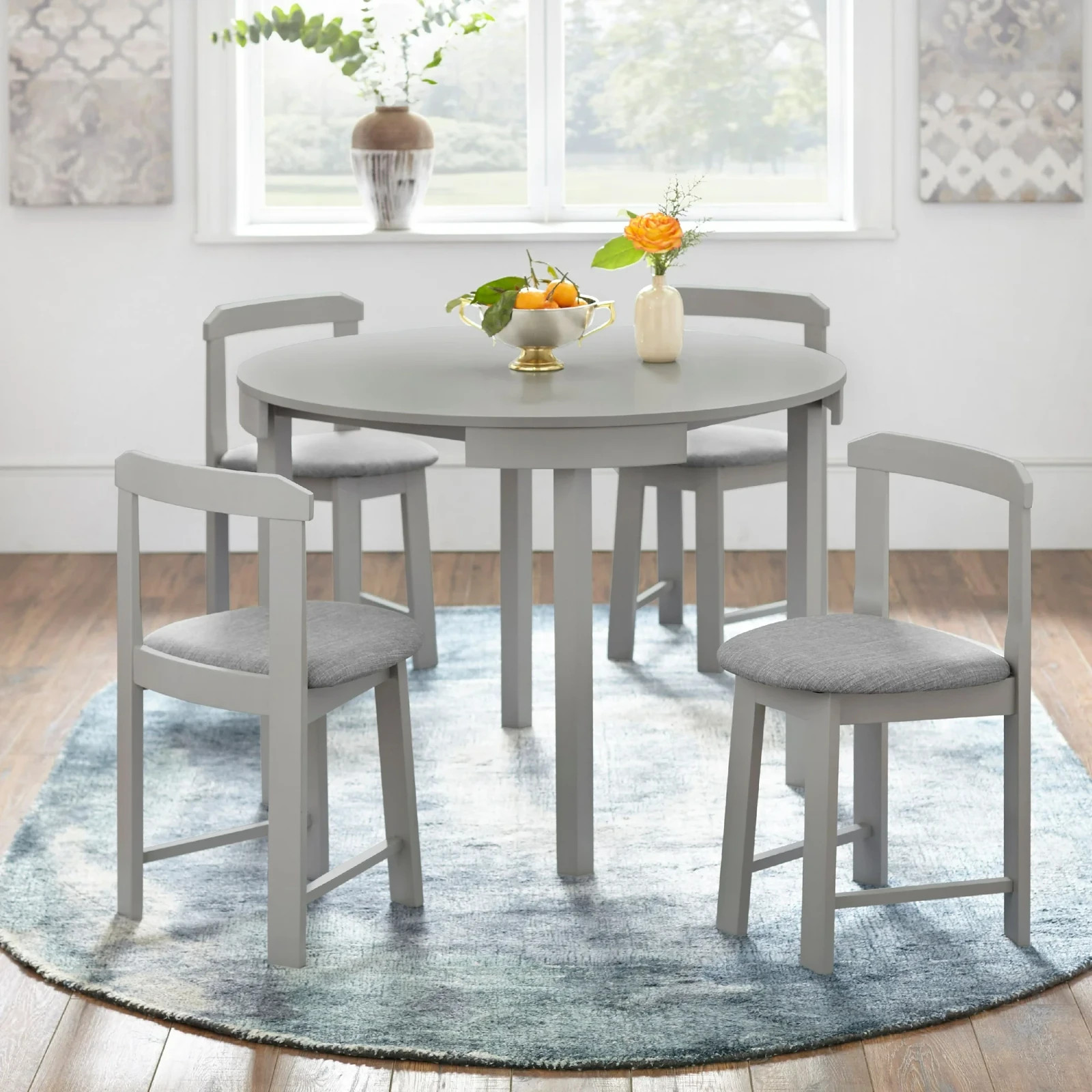 Compact Wood Dining Set 5 Piece Round Gray Kitchen Table Small Space gallery
