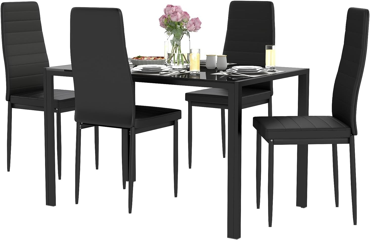 FDW | Dining Table Set for 4 | 5-Piece Glass Black Dining Table gallery