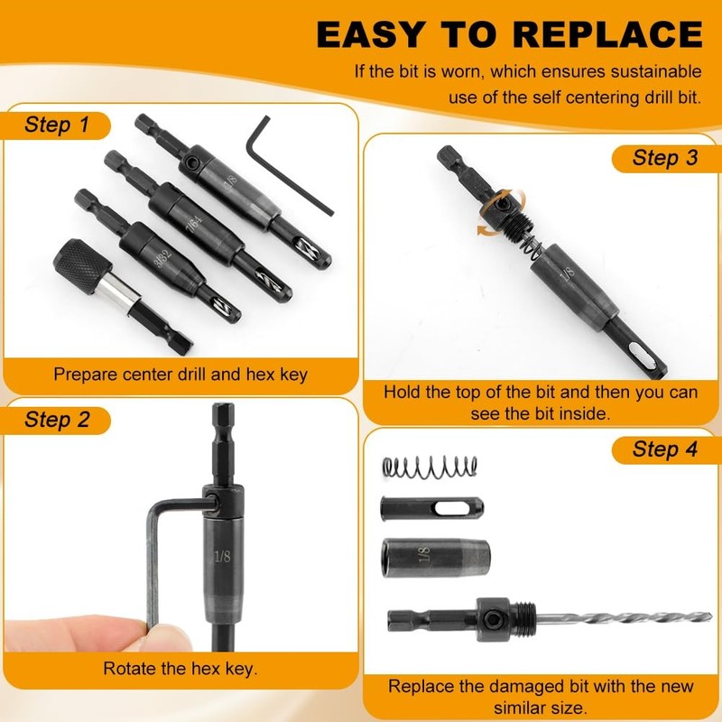 3 Pcs Self Centering Drill Bits Set with Bit Holder,3/32", 7/64", 1/8" for 1/4In gallery