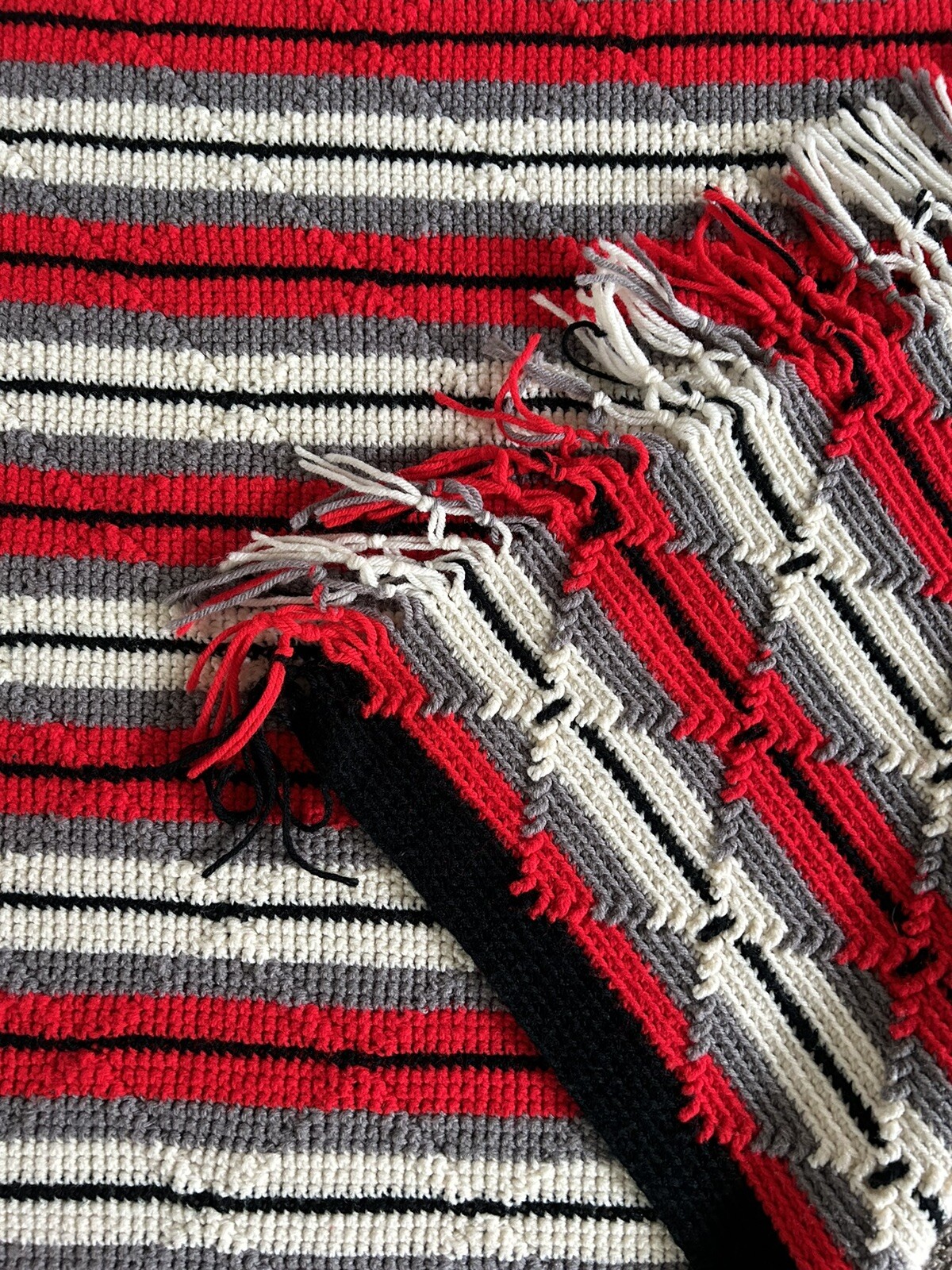 Vintage Diamond Stripe Red, Grey, White, Black Throw Blanket Afghan With Fringe gallery