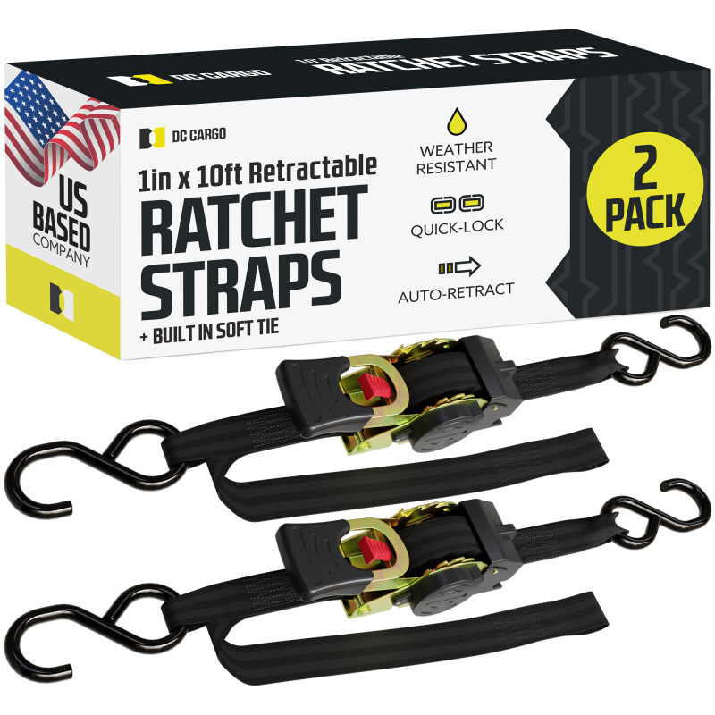 DC Cargo Retractable Ratchet Straps w/ S-Hooks + Soft Loop 1" x 10' 2-pack gallery