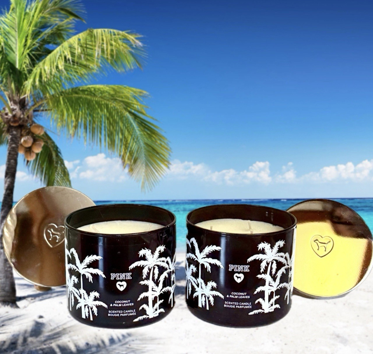 2X COCONUT & PALM LEAVES Scented 3-wick Candle Victoria's Secret PINK Black Jar gallery