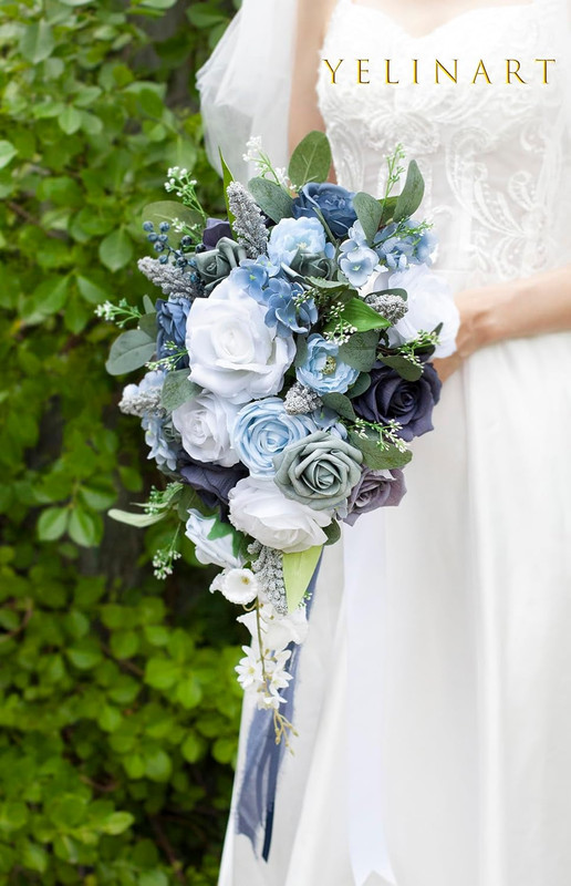 10 Inch Dusty Blue Wedding Bouquets for Bride Artificial Roses Flower Cascading gallery