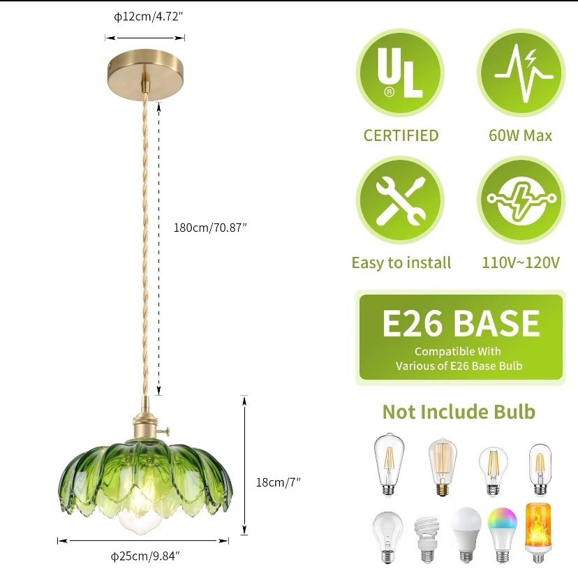 Modern Flower-Shaped Glass Pendant Light, Green Amber, E26, UL Certified gallery