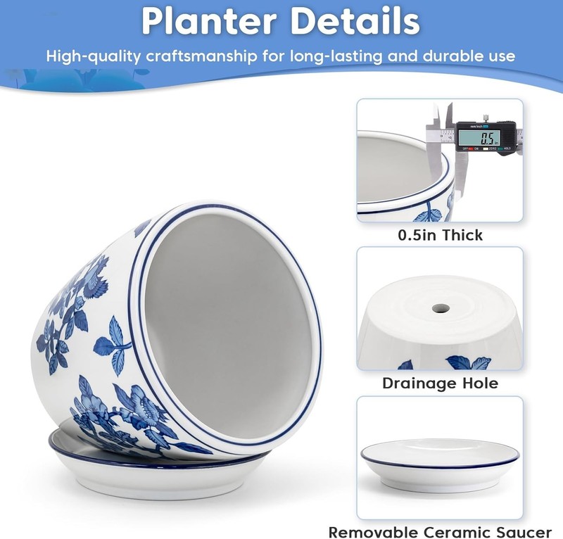 Chinoiserie Style Ceramic Flower Pot with Saucer, 8" gallery